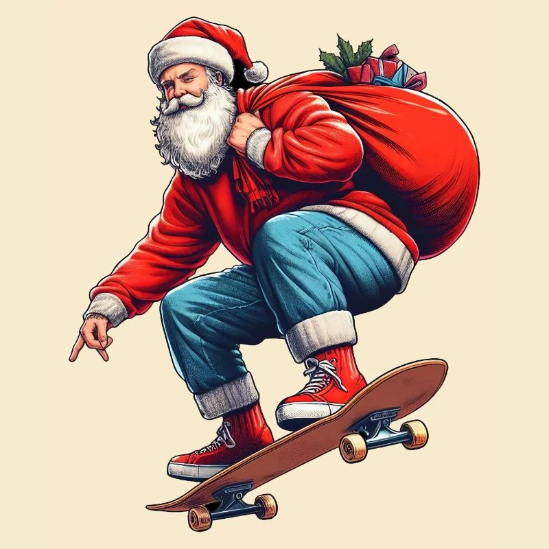 Retro-Weihnachtsmann springt mit einer Tüte voller Geschenke auf ein Brett