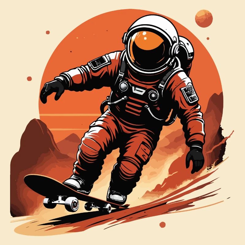 Astronaute faisant la course sur une planche à roulettes sur Mars