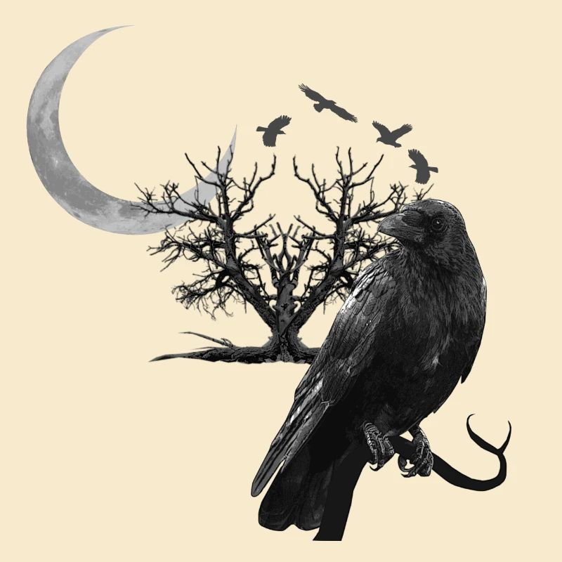 raven, crescent moon, trees, gothic design