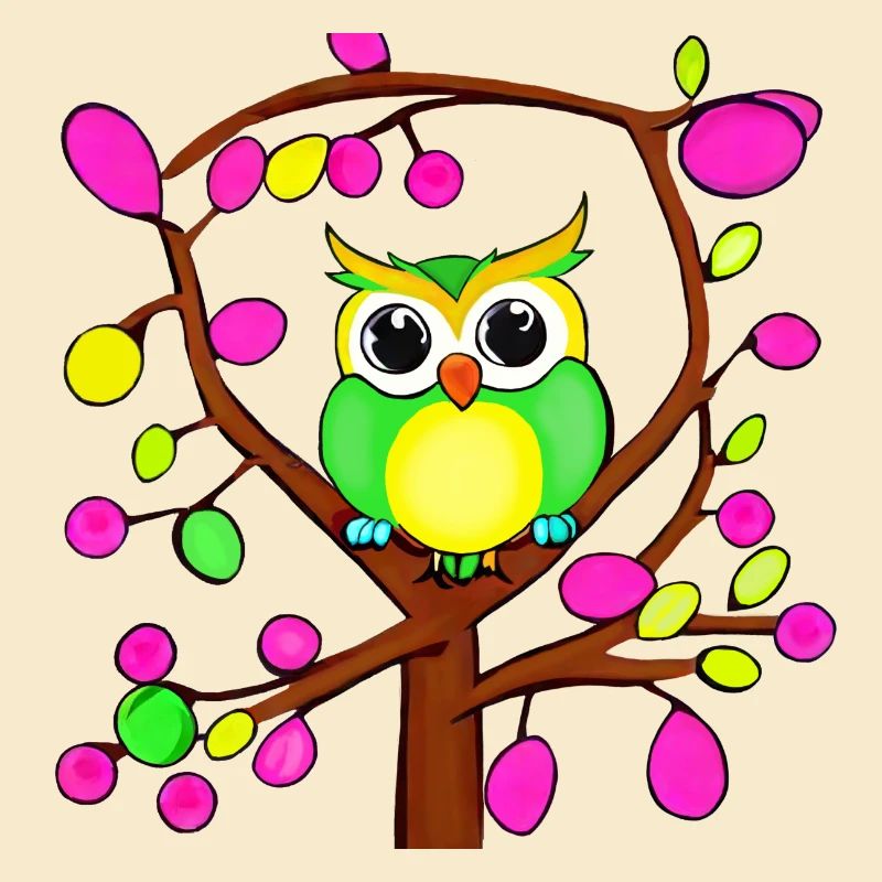Glückliche Eule in einem bunten Baum