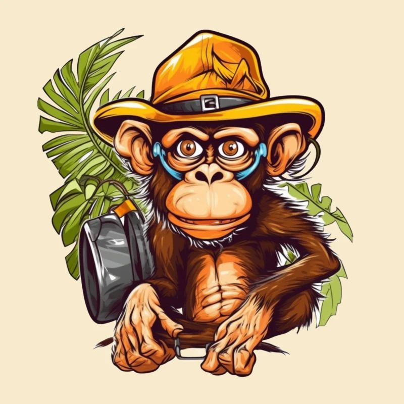 Adventure monkey with safari hat and backpack
