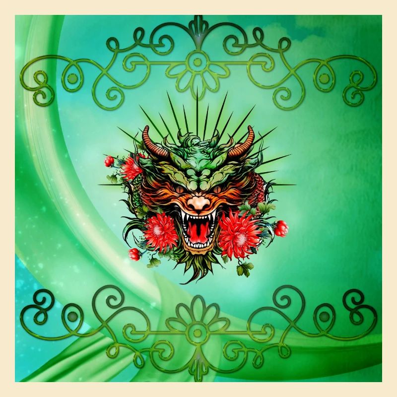 Merveilleuse tête de dragon colorée avec des fleurs.