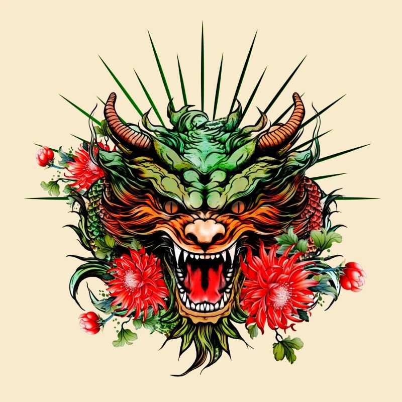 Merveilleuse tête de dragon colorée avec des fleurs.