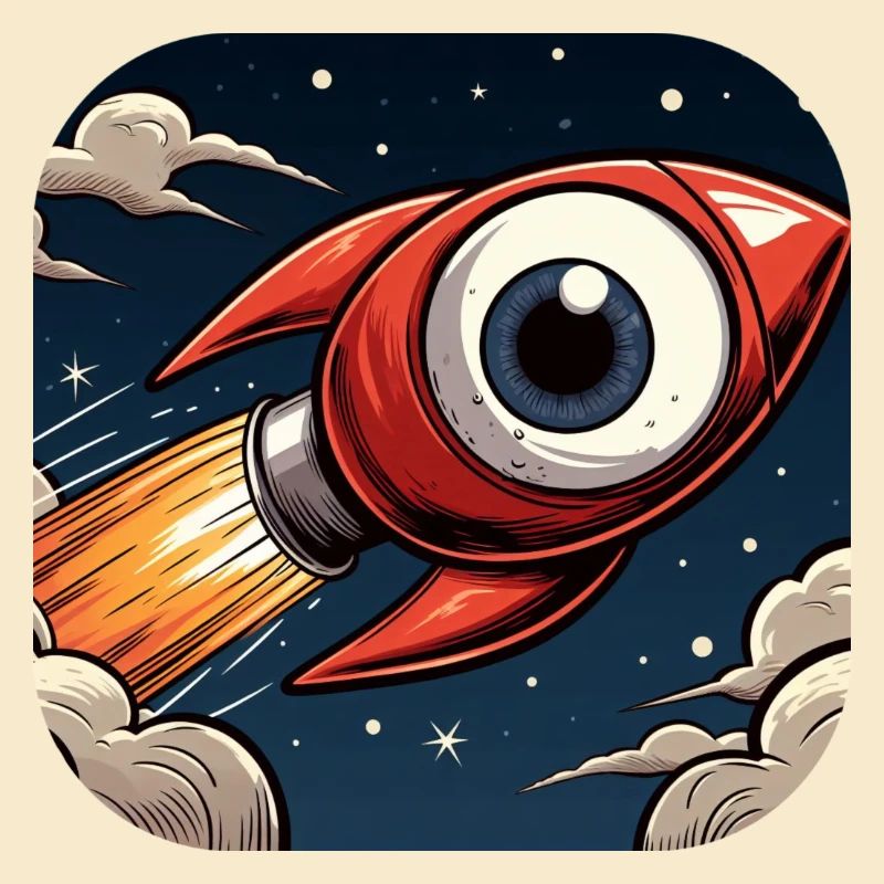 Rakete mit großem Auge hebt ab ins All Comic