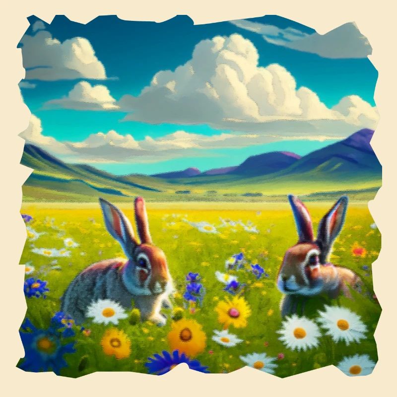 grosse Blumenwiese mit wilden Hasen