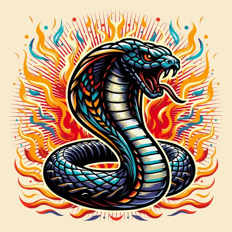 colorful cobra snake motif with flames