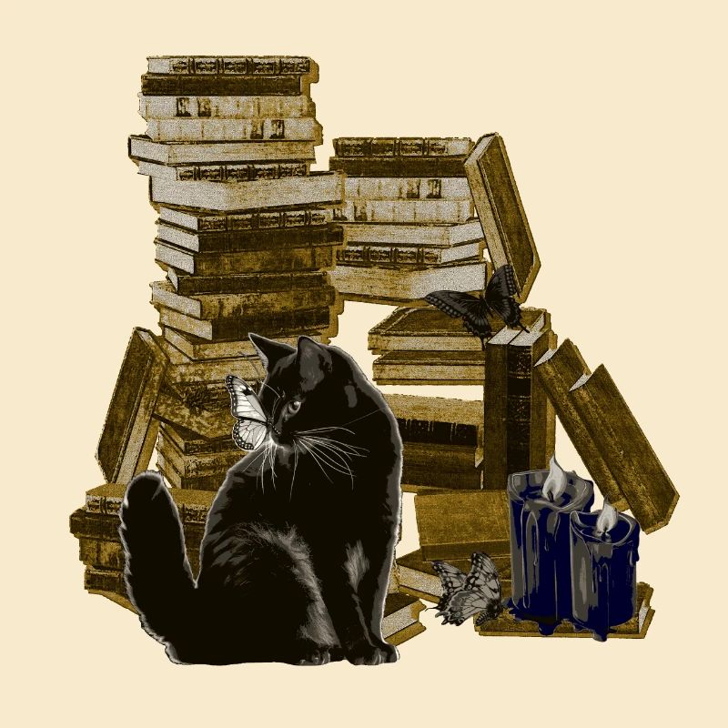 Bücherstapel mit Katze, lesen