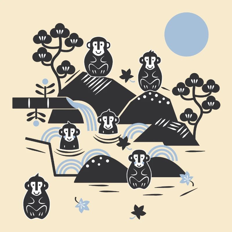 Singes effrayants dans une source chaude l noir bleu