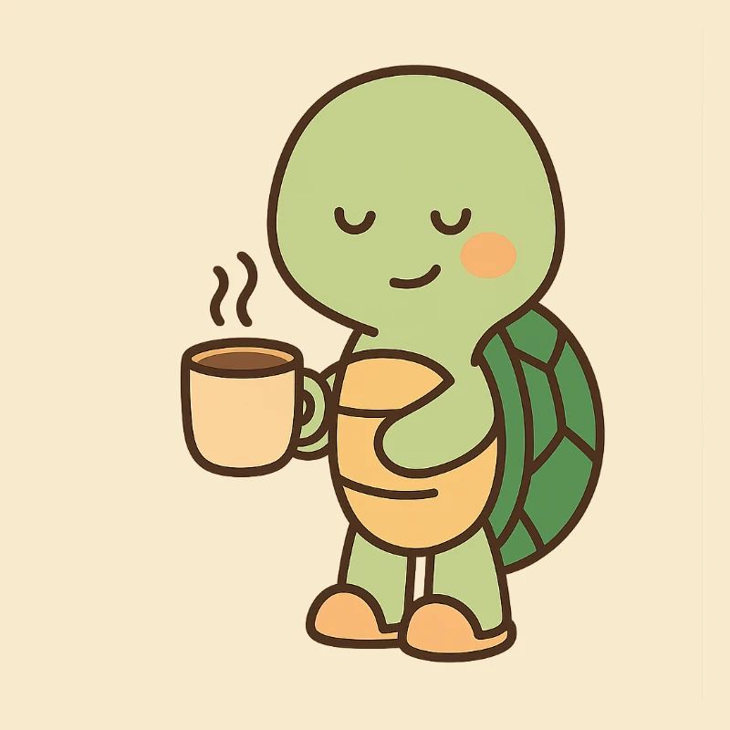 Schildkröte mit einer Tasse Kaffee (links)