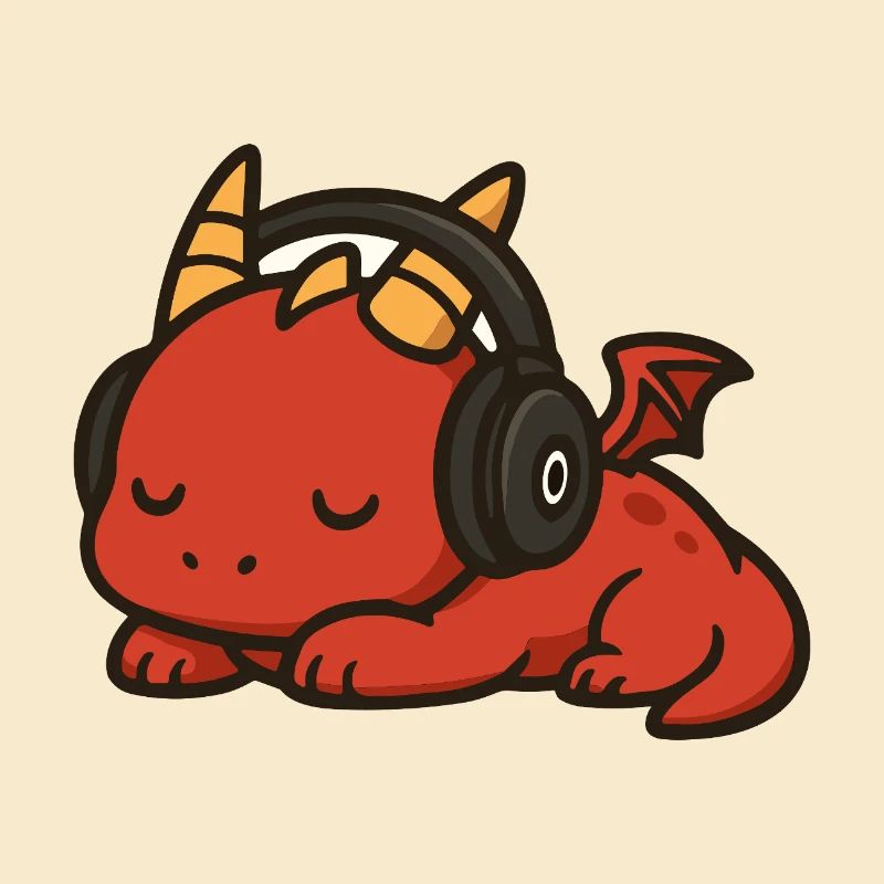 Dessin animé mignon dragon rouge dormant avec des écouteurs
