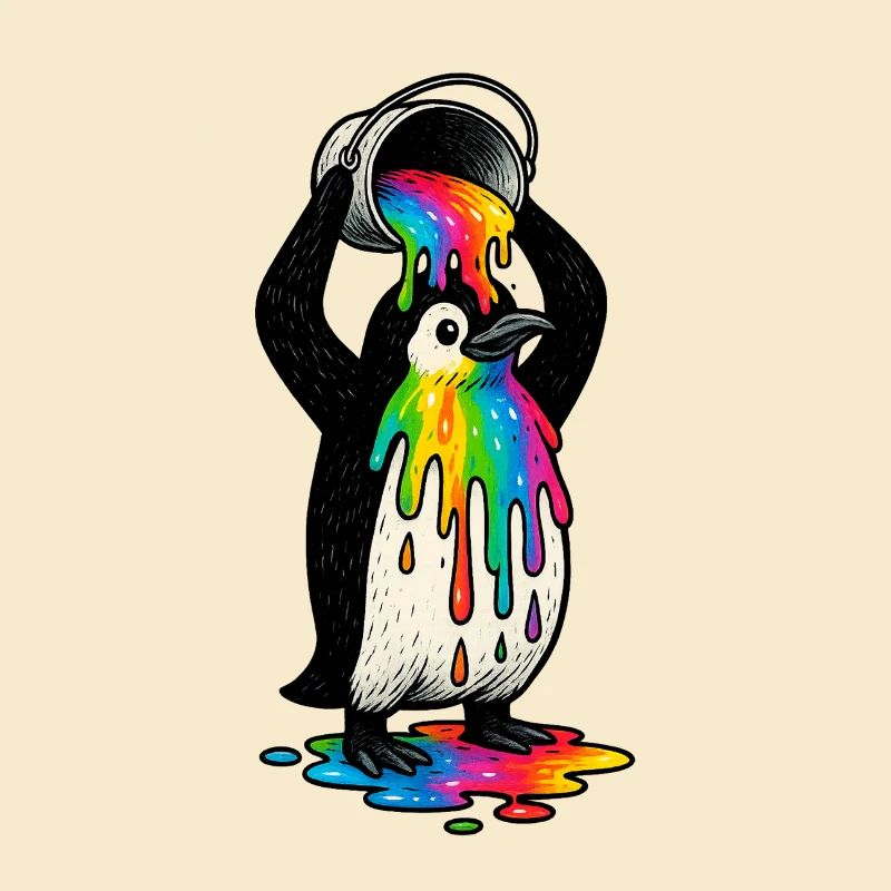 Bunter Pinguin mit Farbeimer