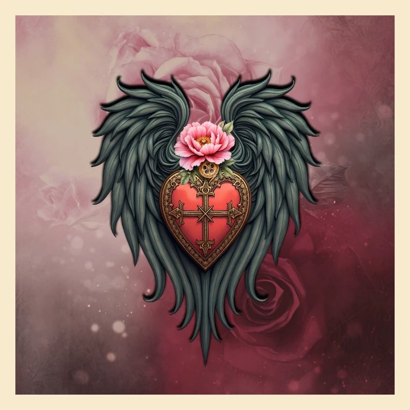 Bouclier en forme de cœur avec ailes et fleur rose