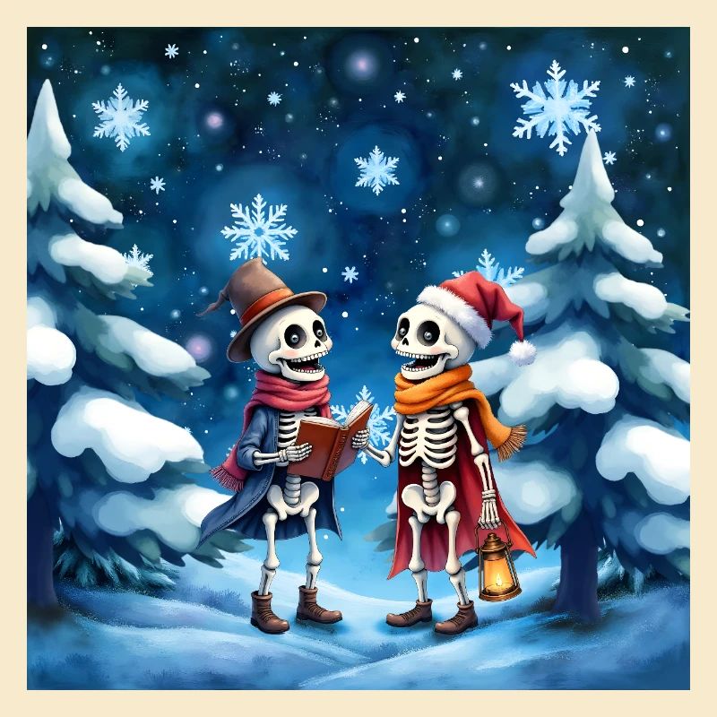 Christmas skeletons with hats and lanterns