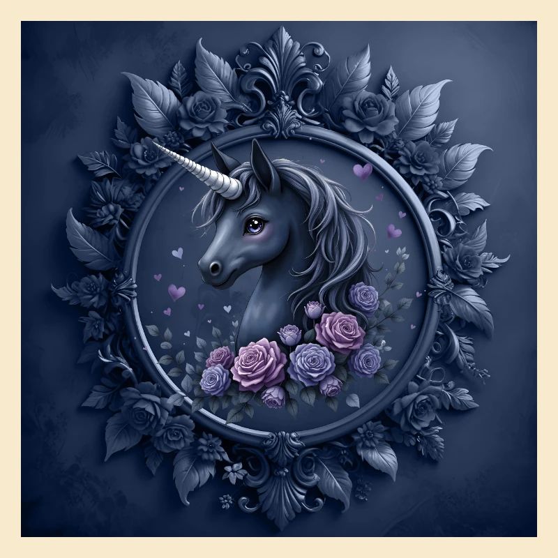 Licorne avec des fleurs dans les tons bleus
