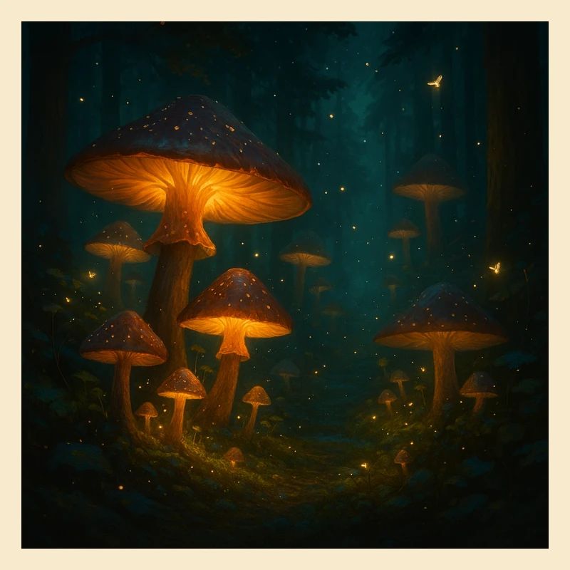 Glowing mushroom dream in the forest at night
