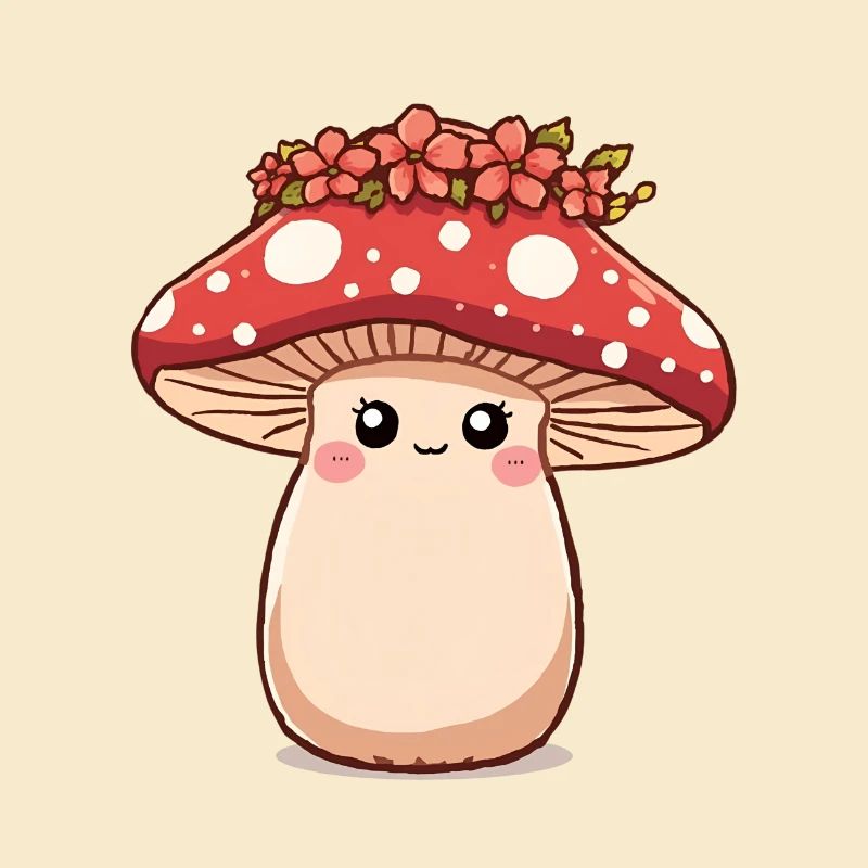 Champignon kawaii avec couronne de fleurs - Design mignon