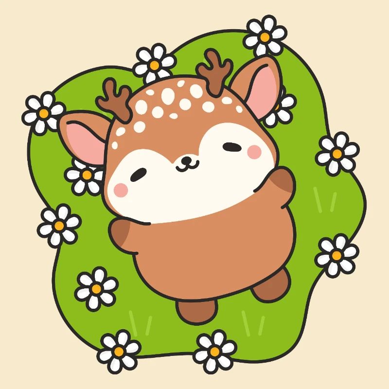 Cerf Mignon en Fleurs sur Gazon Vert