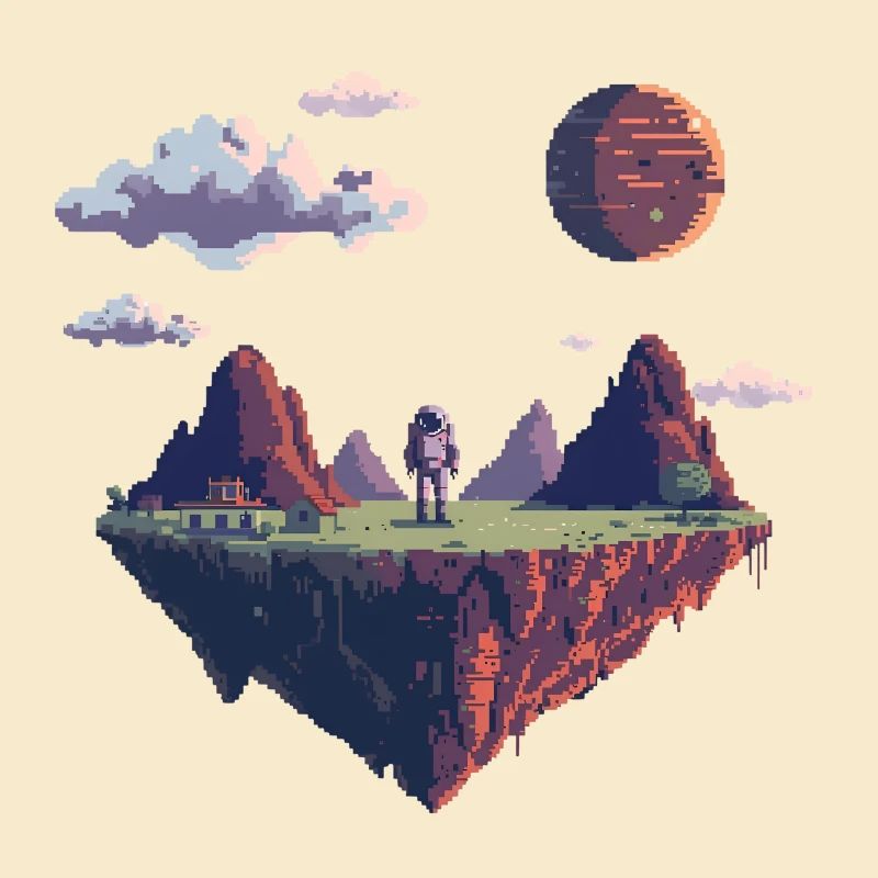 Astronaute pixel 8 bits sur une île flottante