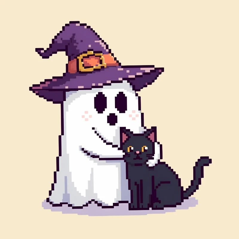Pixel Ghost avec chapeau de sorcière et chat – Halloween