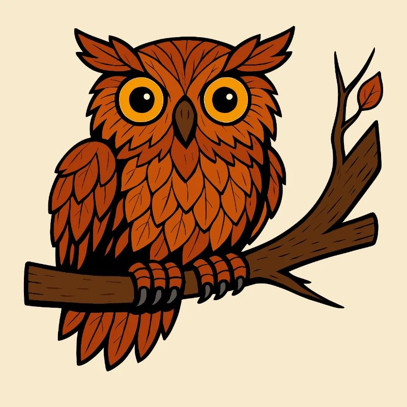 Comic Owl Autumn Forest Foliage Leaves Branch Tree Feather
