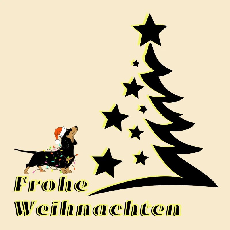 Frohe Weihnachten Dackel schaut den Christbaum an