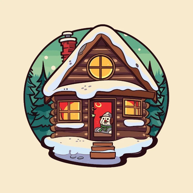 Winter cabin cartoon with cat