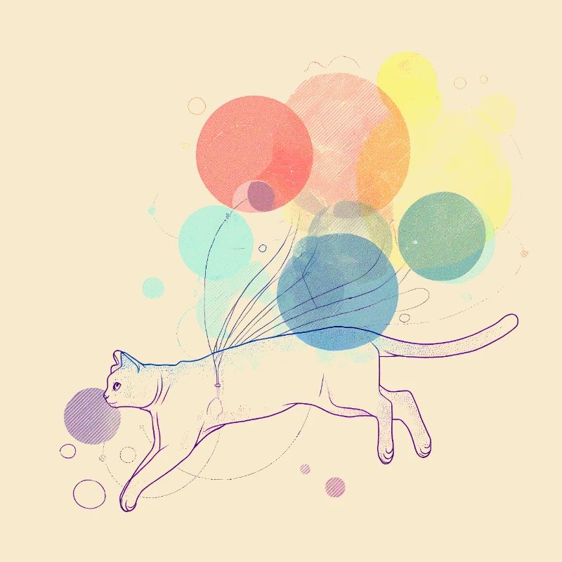 Colorful Cat with Floating Balloons Illustration
