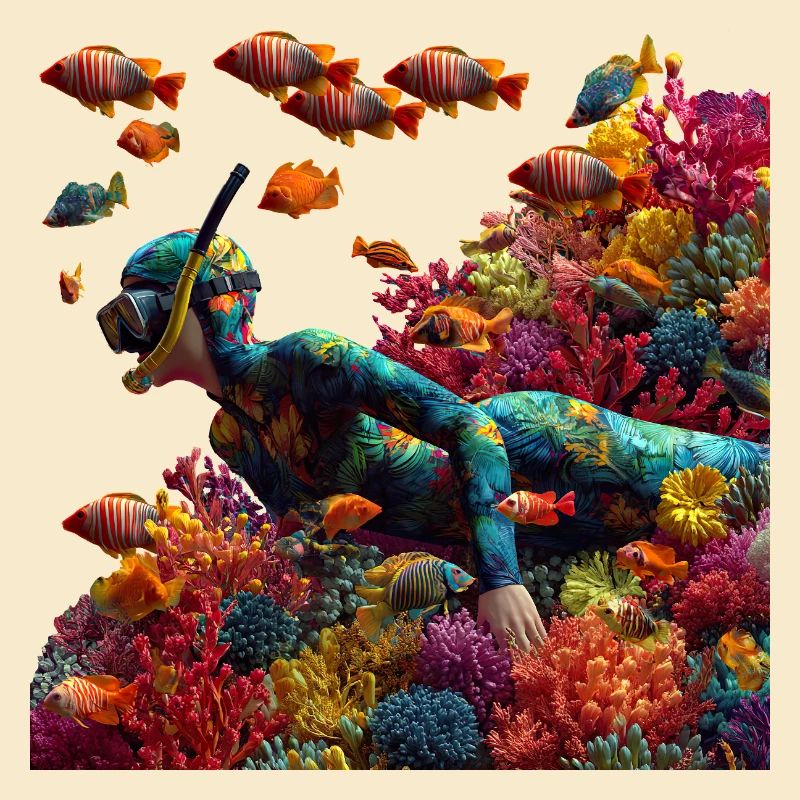 Coral reef diver with colorful fish
