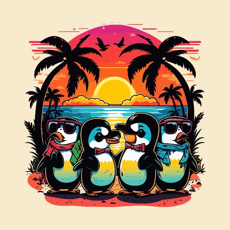 Manchots du coucher de soleil sur la plage de palmiers