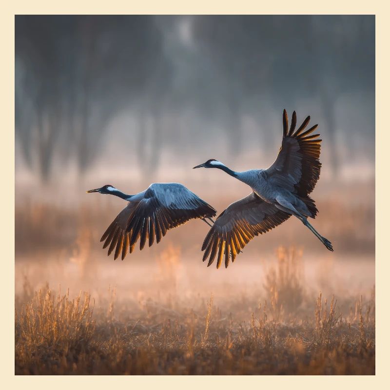 Grues Brume matinale Oiseaux migrateurs Lumière dorée