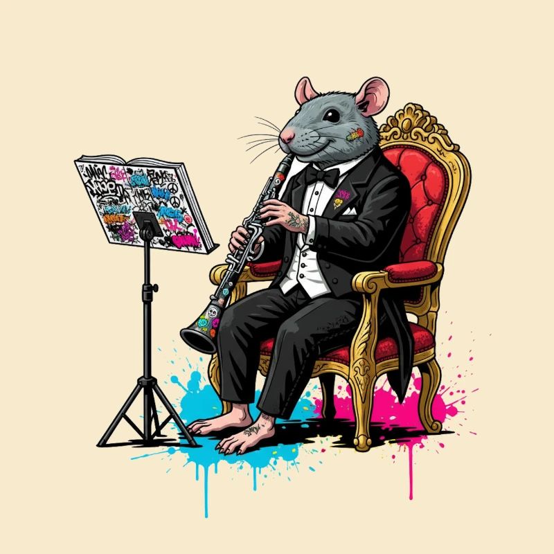 Rat in tuxedo plays clarinet