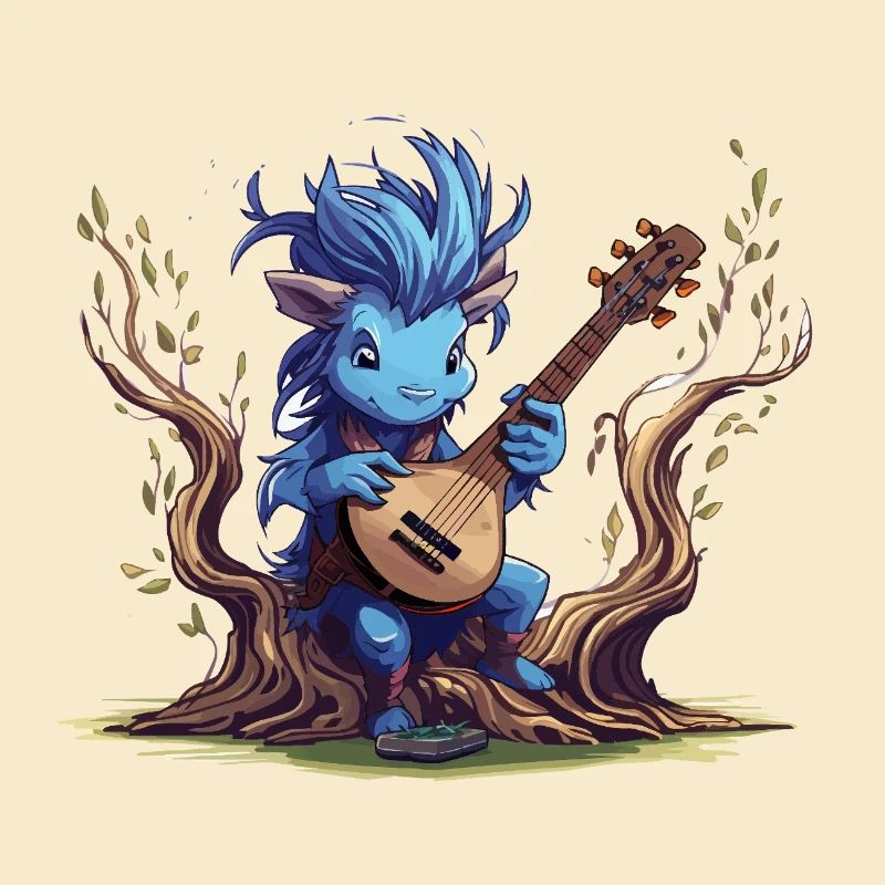 Blauer Kobold mit Laute im Wald
