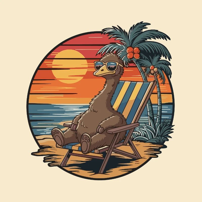 Émeu drôle sur le coucher de soleil des vacances d’été sur la plage