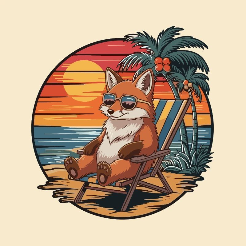 Funny Fox on Beach Summer Vacation Sunset