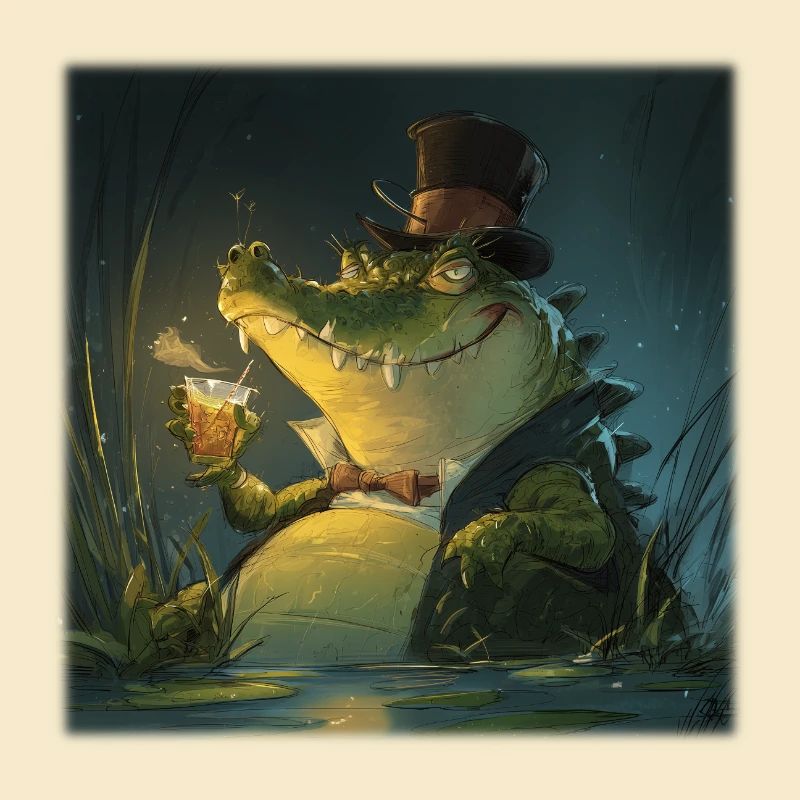 Elegant swamp crocodile with drink & top hat