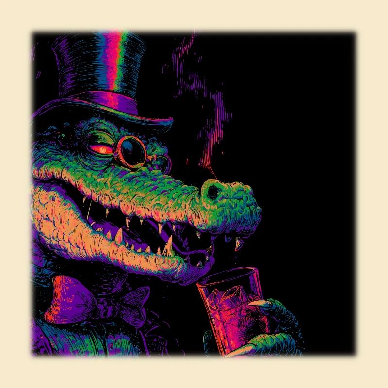 Crocodile néon avec haut-de-forme et boisson