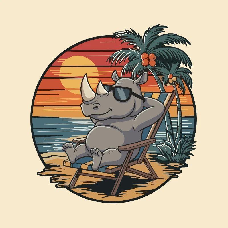 Funny Rhino on Beach Summer Vacation Sunset