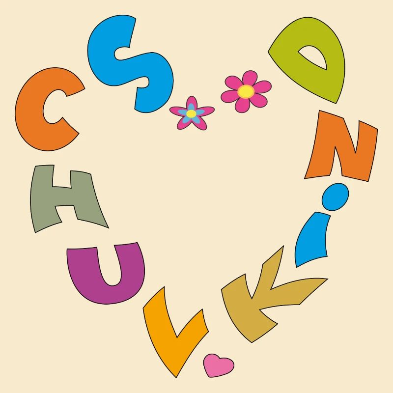 Schulkind mit bunten Buchstaben Herz und Blumen