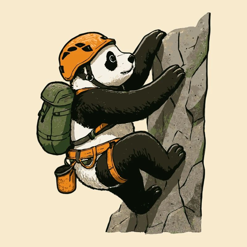 Panda bear bouldering with climbing equipment