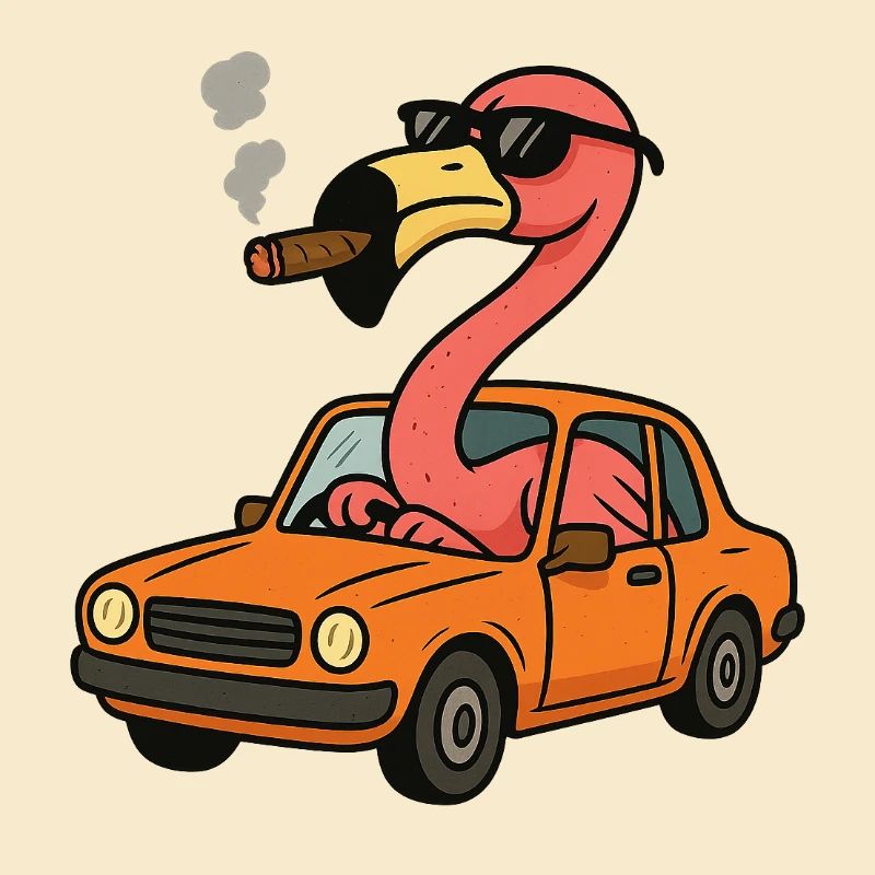 Flamingo in einem orangefarbenen Auto
