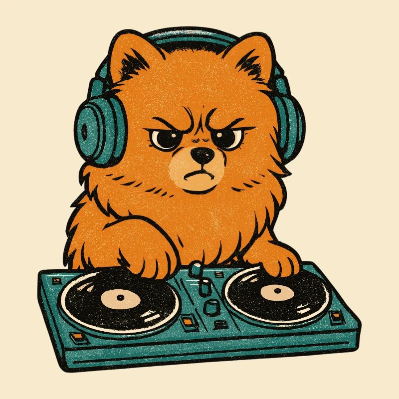 Retro DJ Zwergspitz: Pomeranian am Turntable