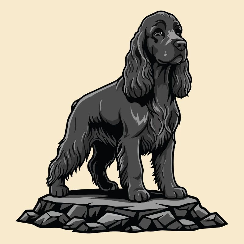 Chien Cocker Spaniel sur Rocher Portrait Noir