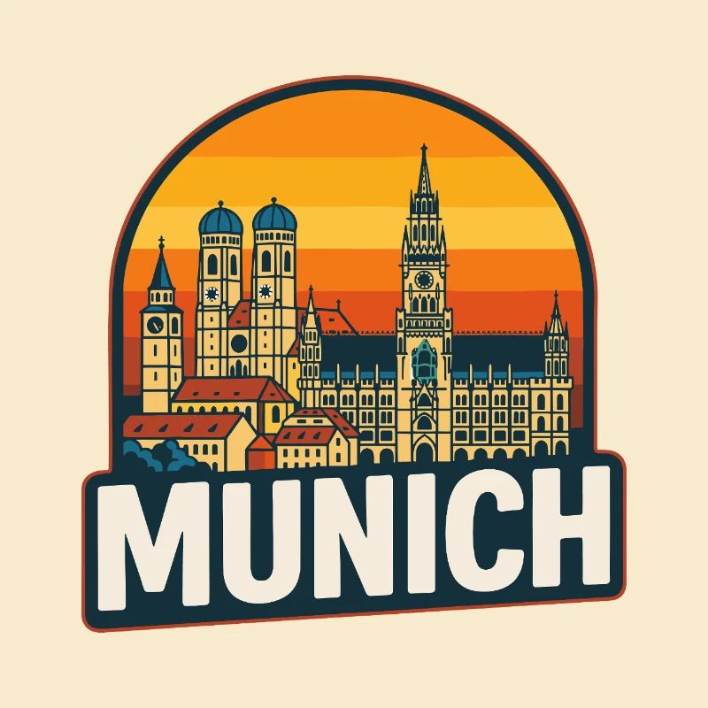 Munich Germany Retro Sunset Skyline Art