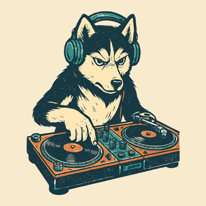 Husky DJ Retro Design : Chien à la console de mixage