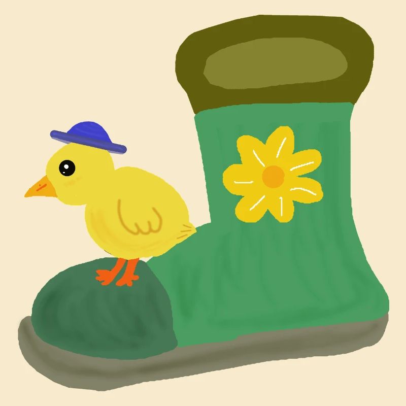 Poussin au botte verte avec fleur