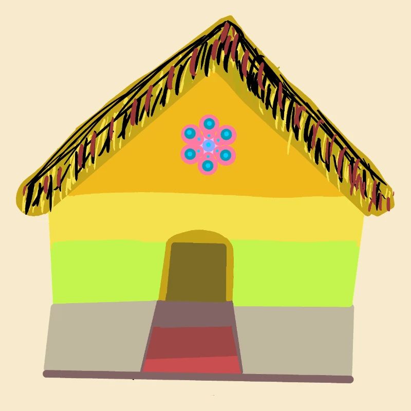 Buntes Dorfhaus mit Strohdach