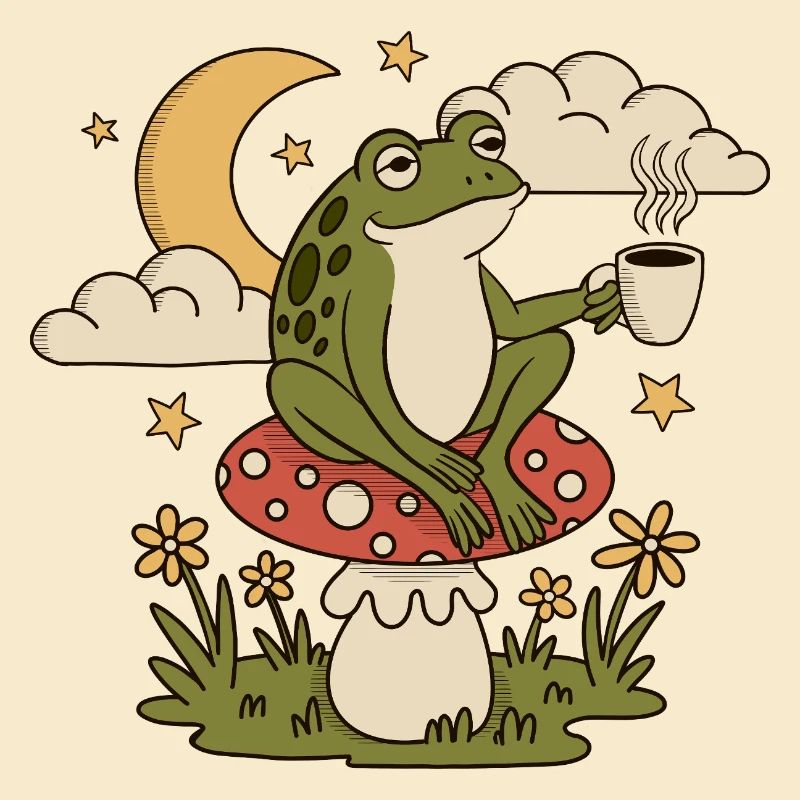 A frog with a cup sits on a toadstool