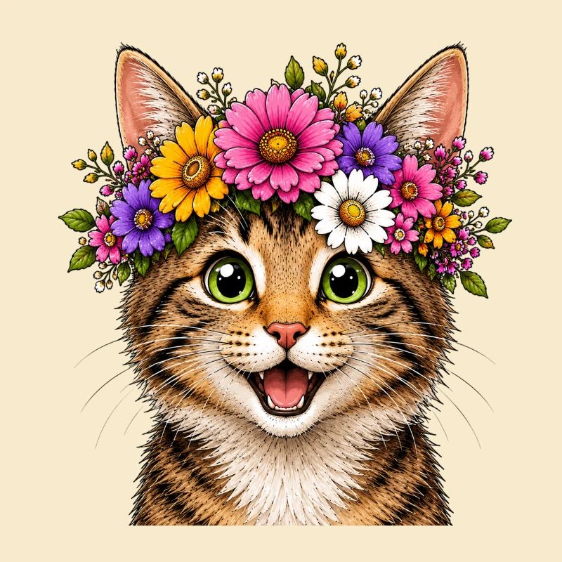Katze mit Blumenschmuck 