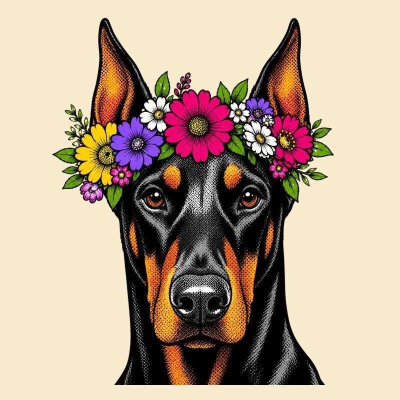 Portrait du Doberman en couronne de fleurs