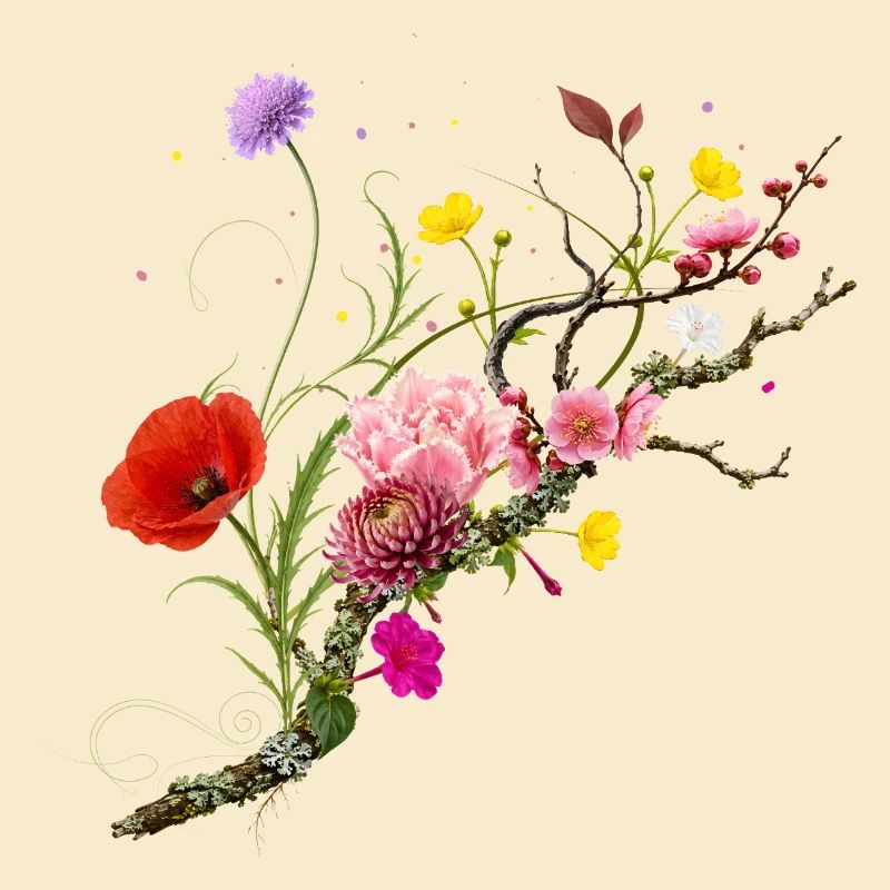 Fleurs sauvages colorées sur la nature Conception de fleurs de branche